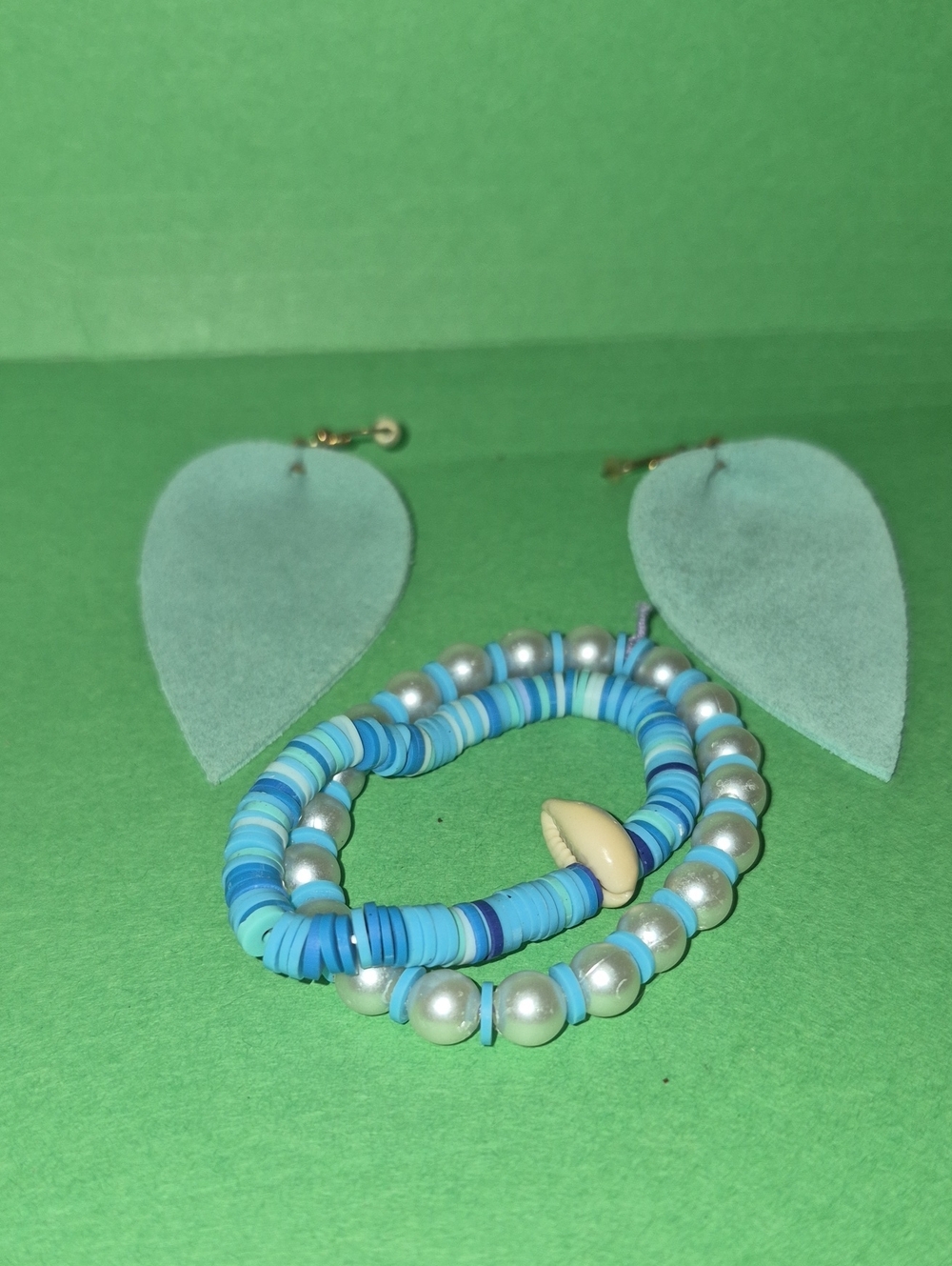 Blue Beaded Pearl Stretch Bracelet Set by